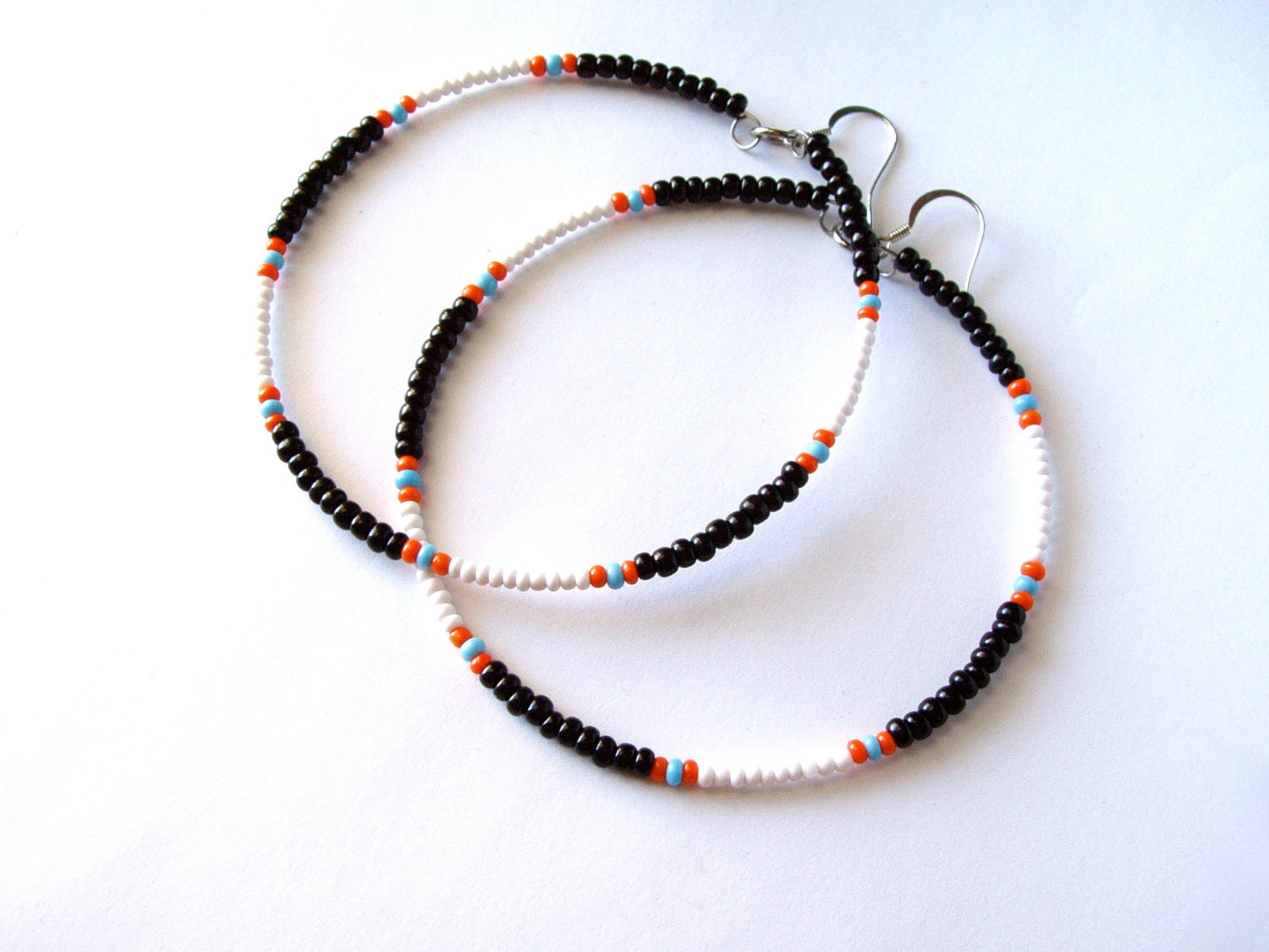 African & Tribal Inspired Large Beaded Hoops - Black, White with Orange, Turquoise accents (La NomRah x Vibrant)