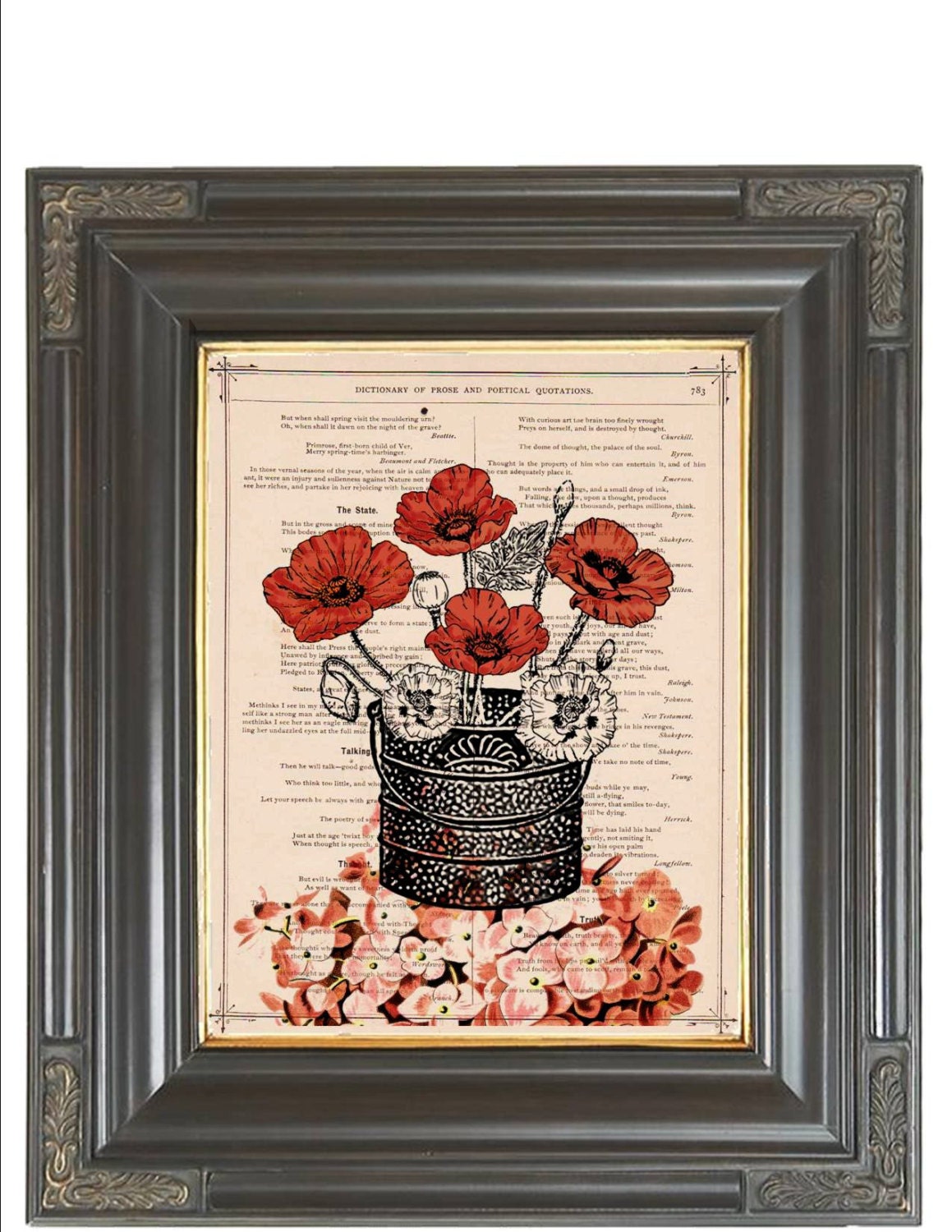 Orange poppies Grey pot Hydrangea printed as dictionary page art print on old antique recycled dictionary book page.  Item No. 556