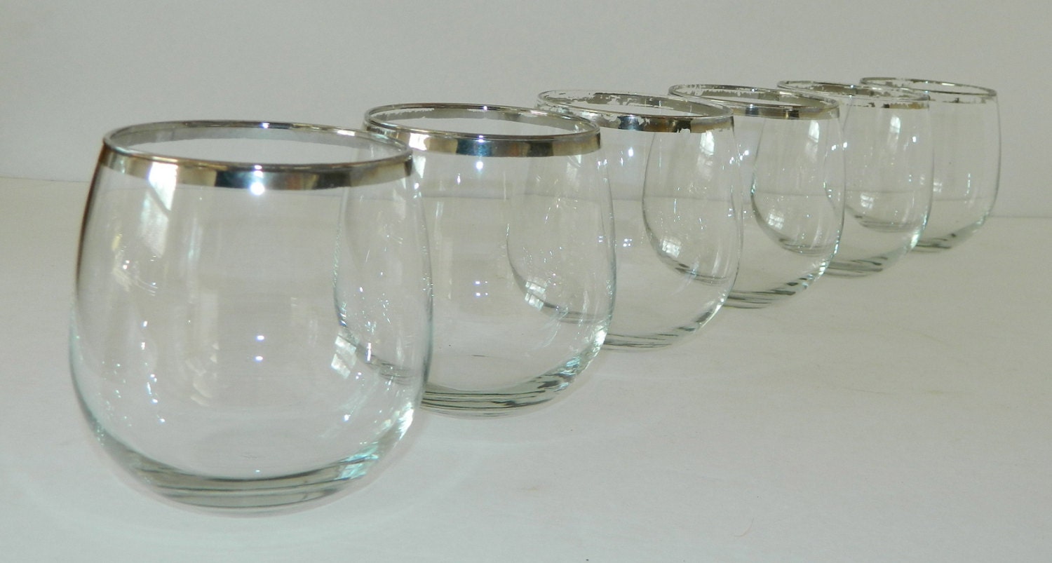 vintage 1960s glasses silver band ROLY POLY tumblers 6