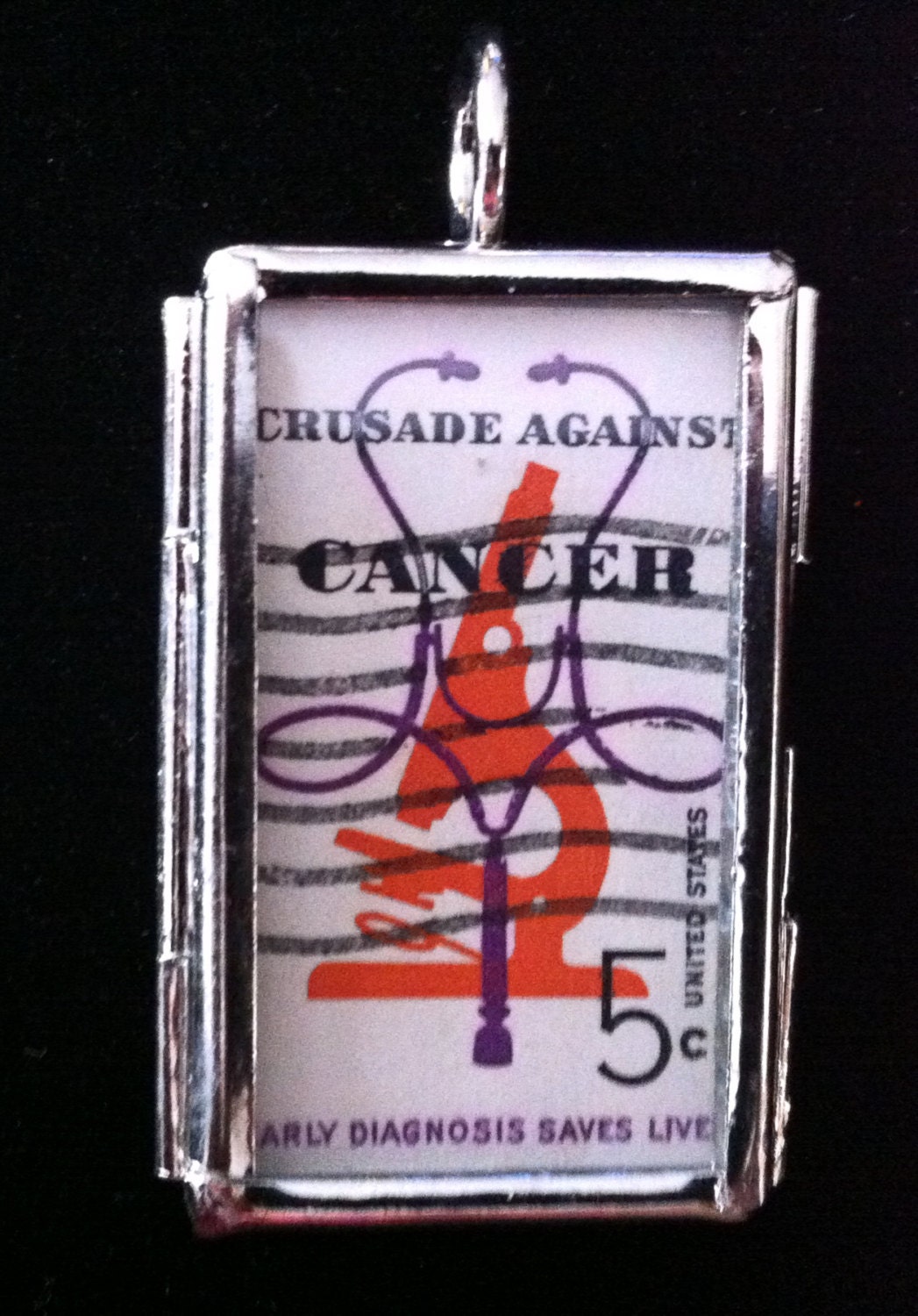Vintage Postage Stamp CRUSADE AGAINST CANCER early diagnosis saves lives pendant necklace