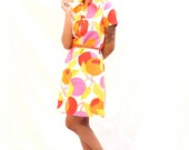 60s Mod Shift Dress Abstract Rainbow Fruit and Leaves Medium Shirt Dress Neon Pink Red Green Purple