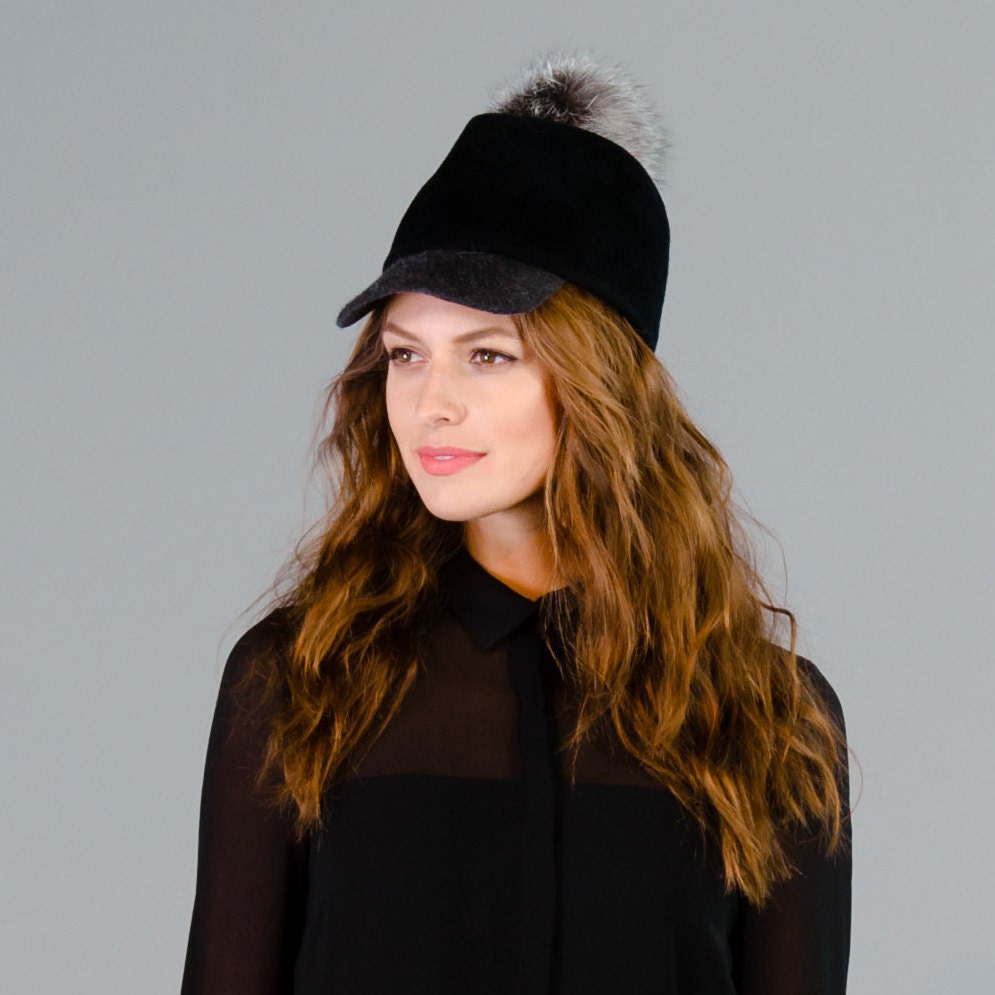 Fall Winter Color Blocked Fur Brim Pom Cap Baseball Hat