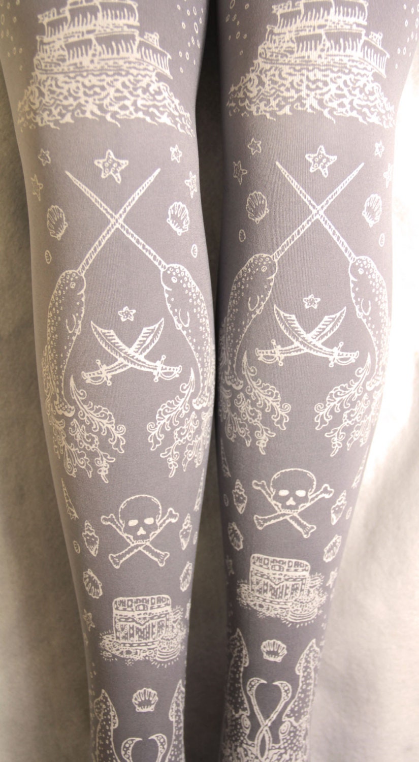 Pirate Printed Tattoo Tights Medium Tall White on Dove Grey Narwhal Octopus Nautical Women