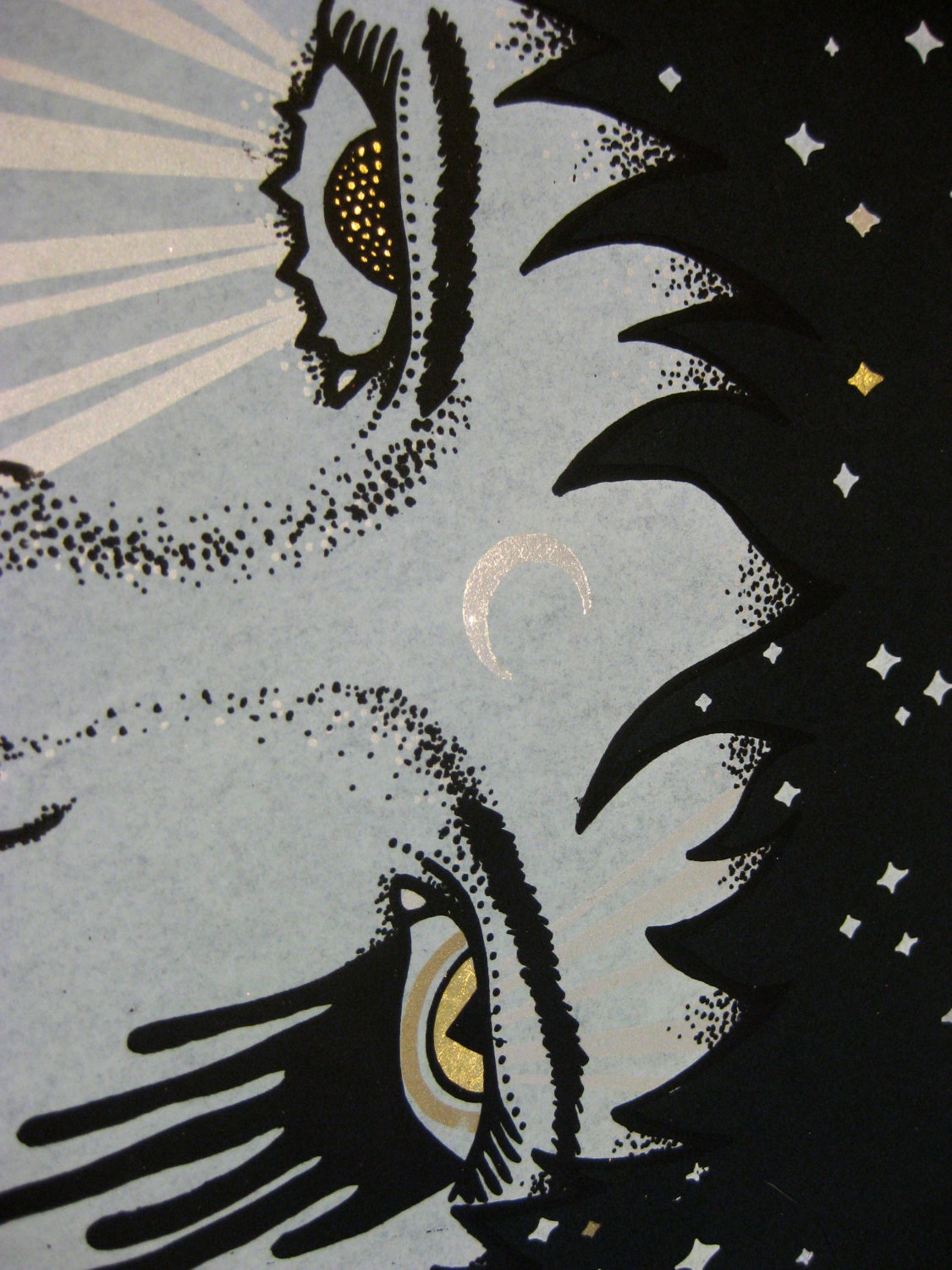 The Moon Goddess original artwork handmade screenprint by Adrienne Rozzi, gold, silver, white, black, on Black paper. LIMITED EDITION