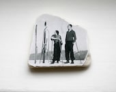 Alpine Rush Vintage Photo Stone / Skiers in Winter / Miniature Natural Marble Wall Hanging
