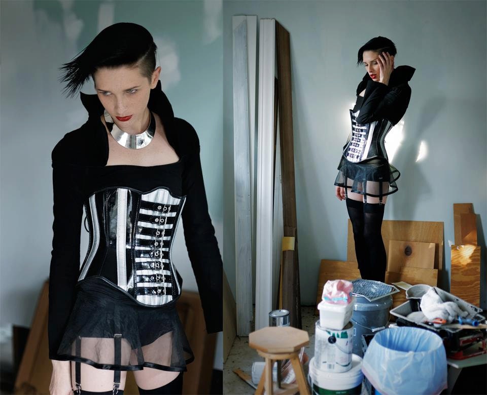 Vintage 90s Silver and Black Patent Leather Underbust Corset