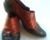 90s Western Inlay Rust and Black Ankle Booties Boots Size 8.5
