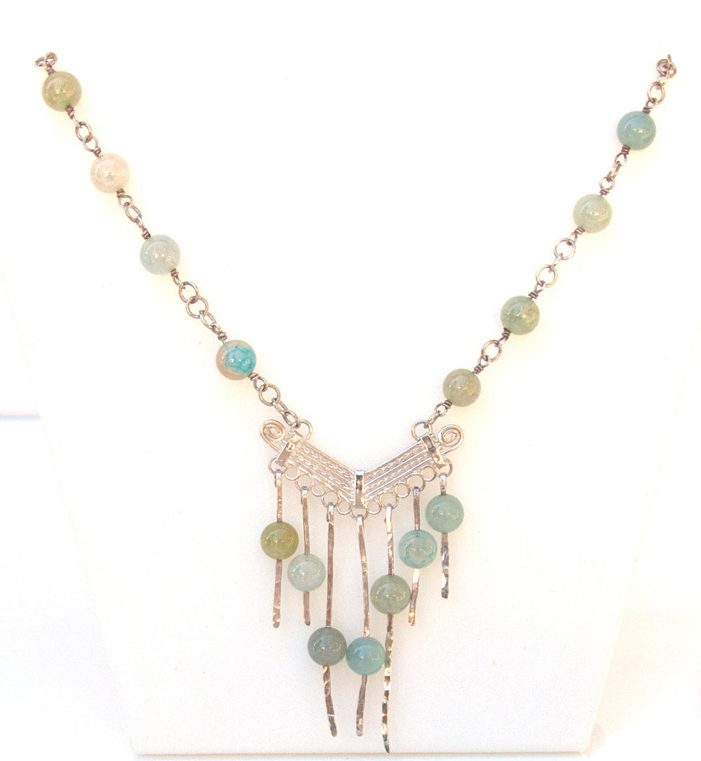 Sterling silver blue agate wire wrapped pendant beaded necklace.