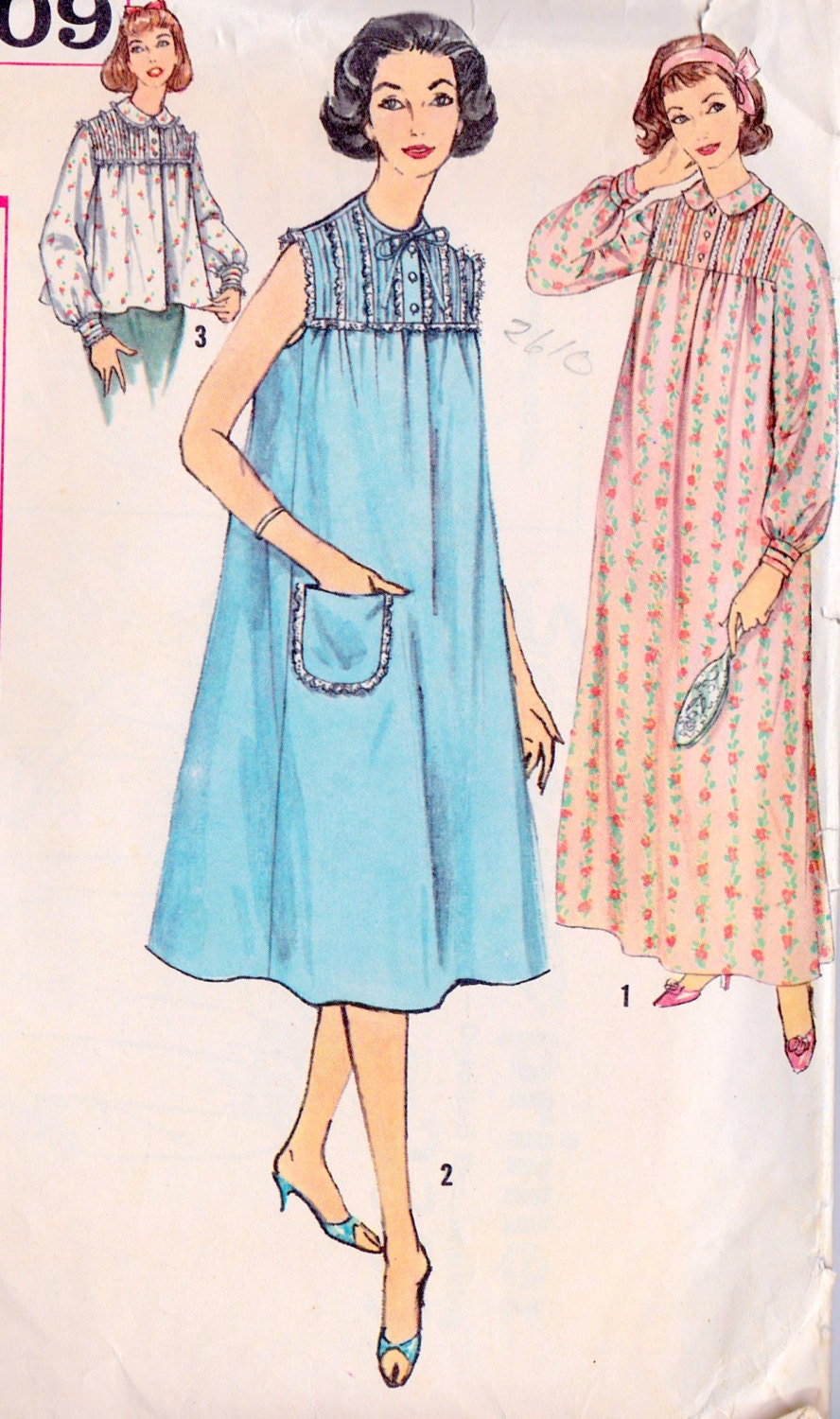 1950s Misses Nightgown and Bed Jacket Vintage Sewing Pattern, Simplicity 2309 bust 32"