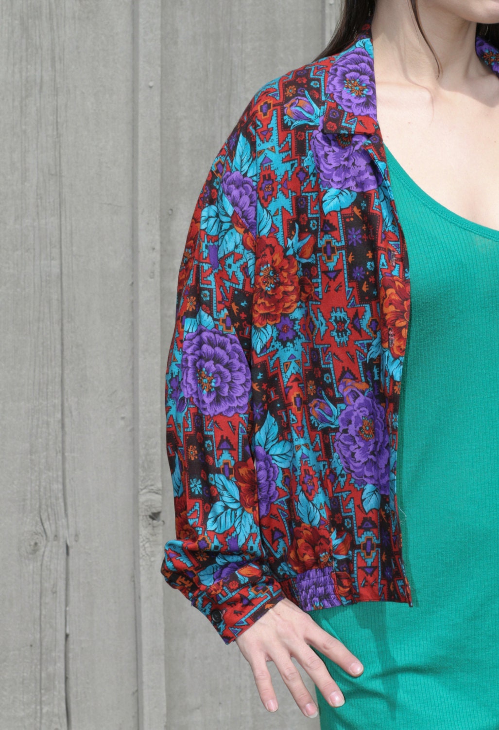 Vintage 80s Southwestern Ethnic IKAT Tribal Floral Unique Notched Collar Dolman Sleeve Button-Down Shirt Jacket COMBO Stretch Waist - M / L