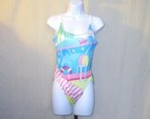 Vintage Cute 80s LADIES COLORFUL BEACH Sun Summer Small Cute One Piece Pool Swim Suit