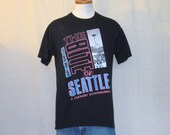 Vintage 1989 SEATTLE FESTIVAL GRAPHIC Bite Center Summer Black Medium Soft Space Needle Jerzees 50/50 Medium T-Shirt