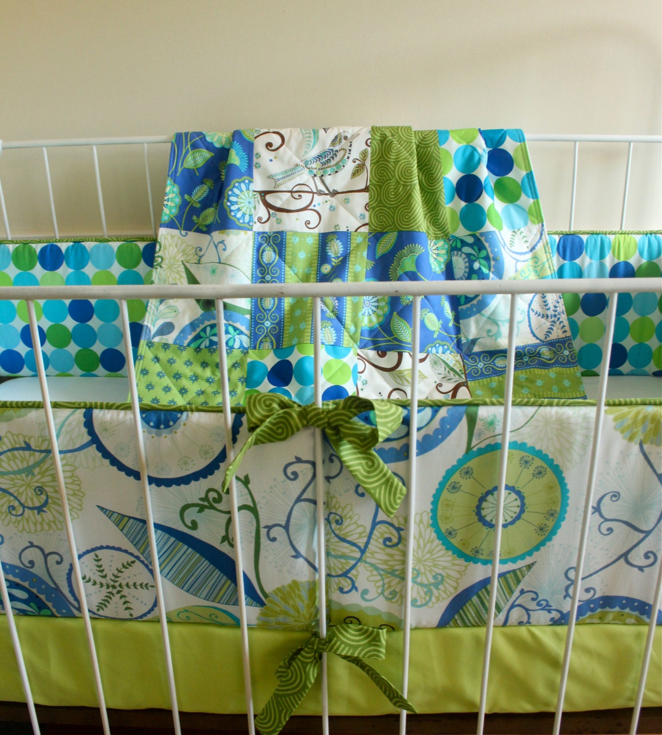 3 Pc Crib Bedding - Baby Quilt, Bumper, and Sheet - Wrenly in Blue and Lime Green