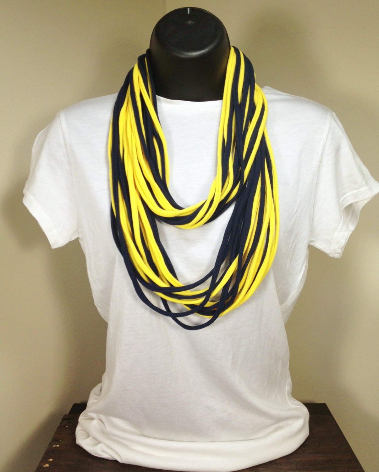 Spaghetti t-shirt necklace scarf - Yellow/Navy Blue