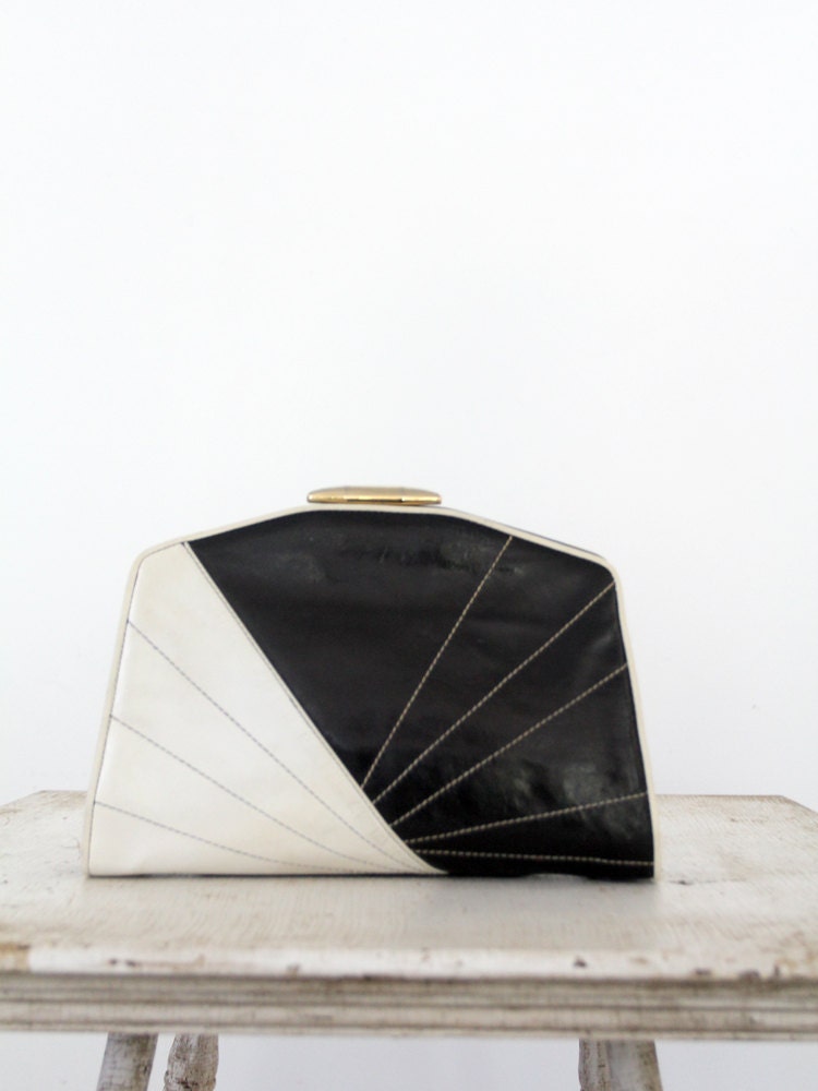 Vintage Black and White Clutch / 1980s Leather Bag