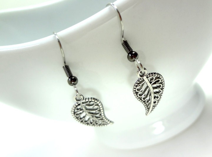 Pewter Toned Leaf Earrings on Surgical Hooks or Clip Ons