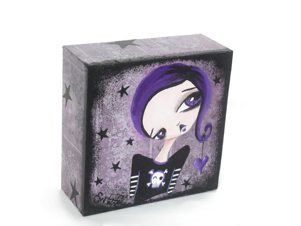 Creepy Cute Spooky Art Original & One Of A Kind "Black Star" on Wood 4x4