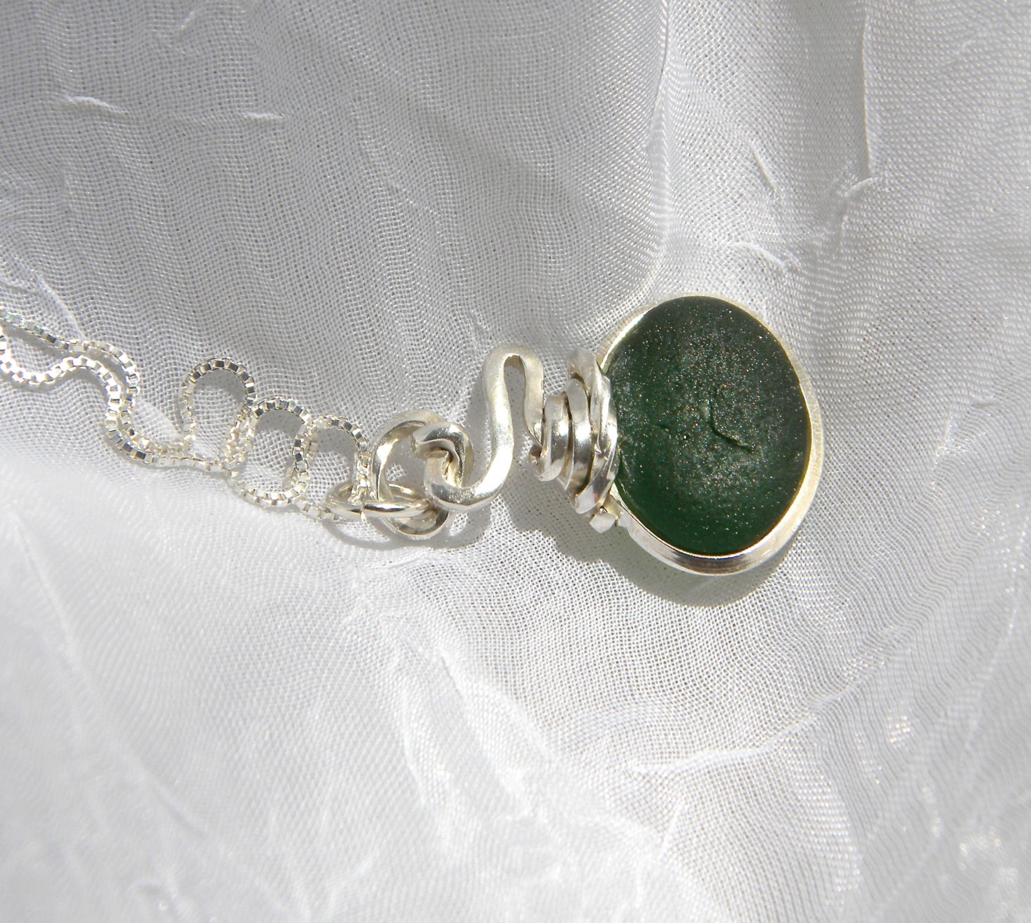 Sea Glass Necklace Emerald Wire Wrapped in Argentium Sterling Silver