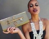 Steampunk Clutch, Green crocodile print Purse, Key to my heart, Vintage Noir, Neo Victorian fabulous