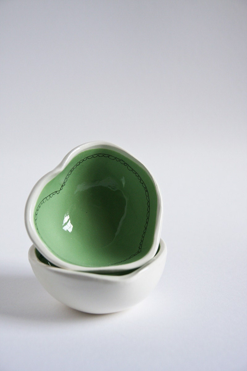 ceramic dish, heart bowl, modern dish, mint green and white, spring home and kitchen decor, handmade by karoArt