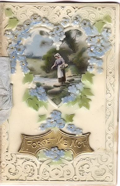 Early Celluloid Greeting Card with Die-Cut Heart, Forget-me-Nots, Christmas Sentiment for Baby.