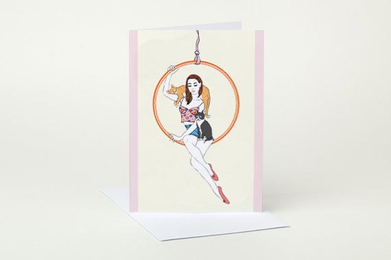 Circus Girl Greeting Card (black & white cat, ginger cat)