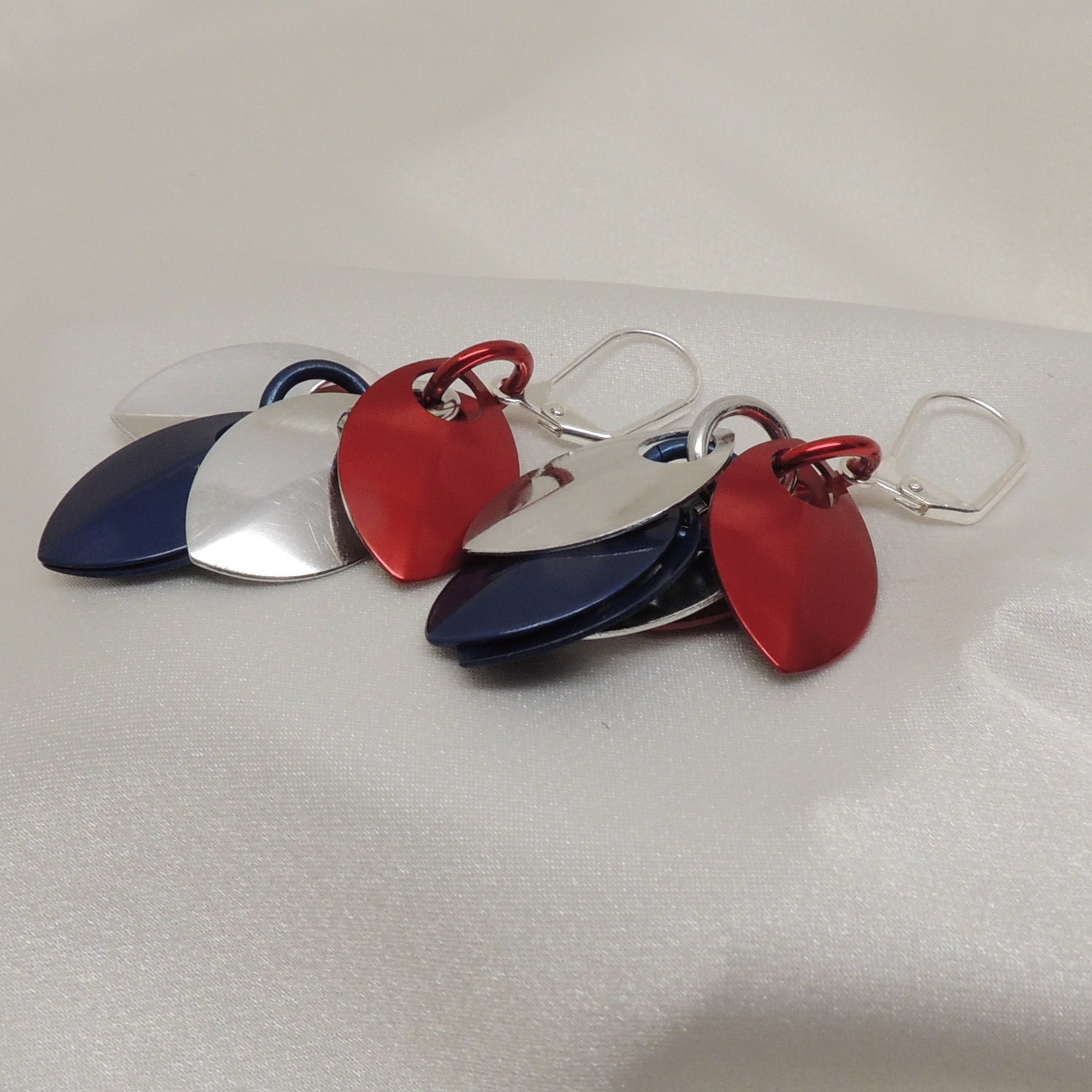 Red Silver and Blue Dragon Scale Earrings