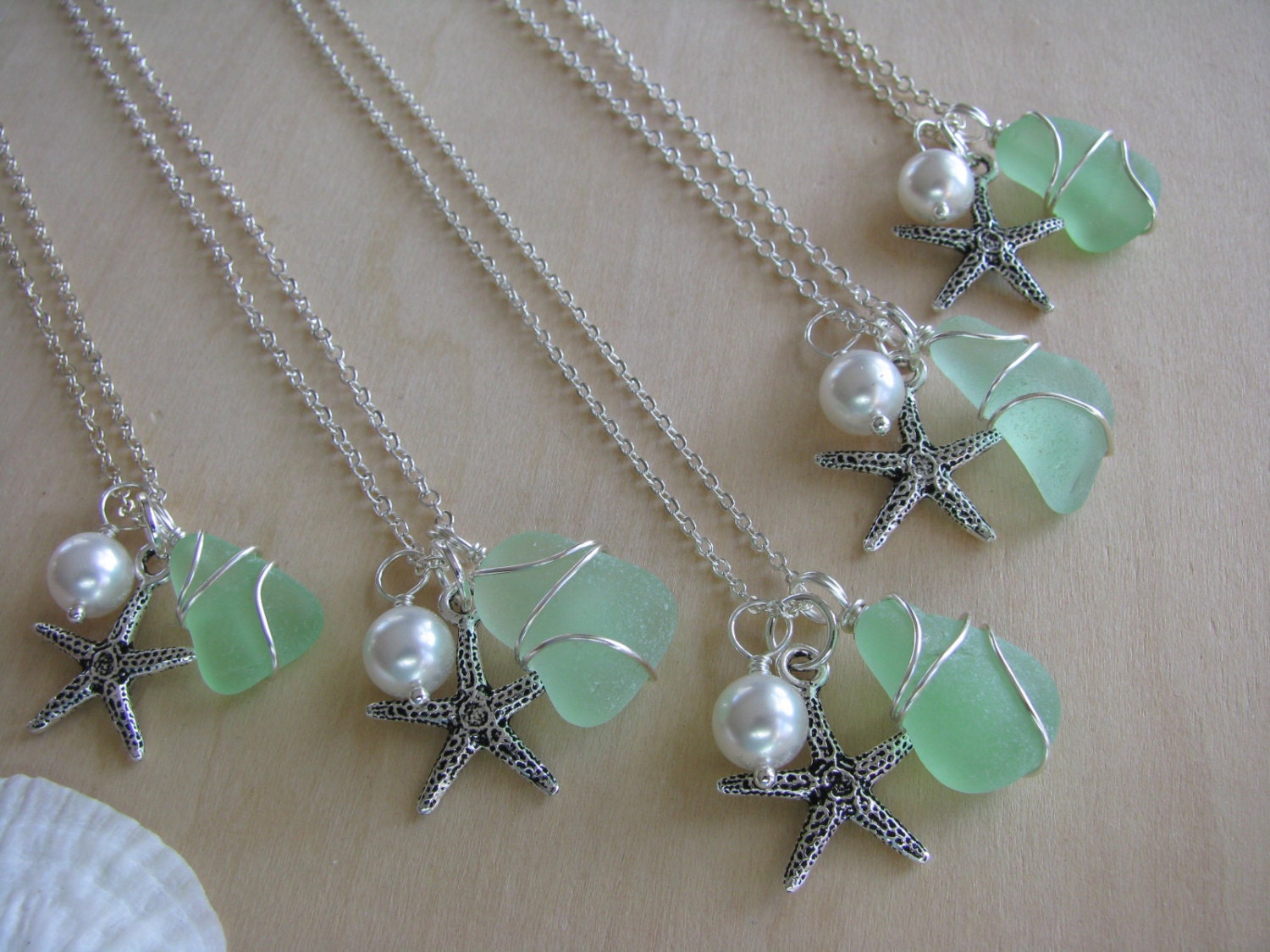 Sea Foam Sea Glass Jewelry Bridesmaid Jewelry Starfish Sea Glass Necklaces in Green, Wedding Jewelry Beach Glass Jewelry