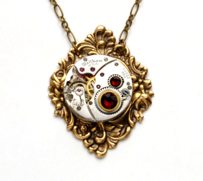 Steampunk Necklace Steampunk Jewelry Vintage Watch Movement Red Antique Brass Victorian Rose Steam Punk Jewelry by Victorian Curiosities