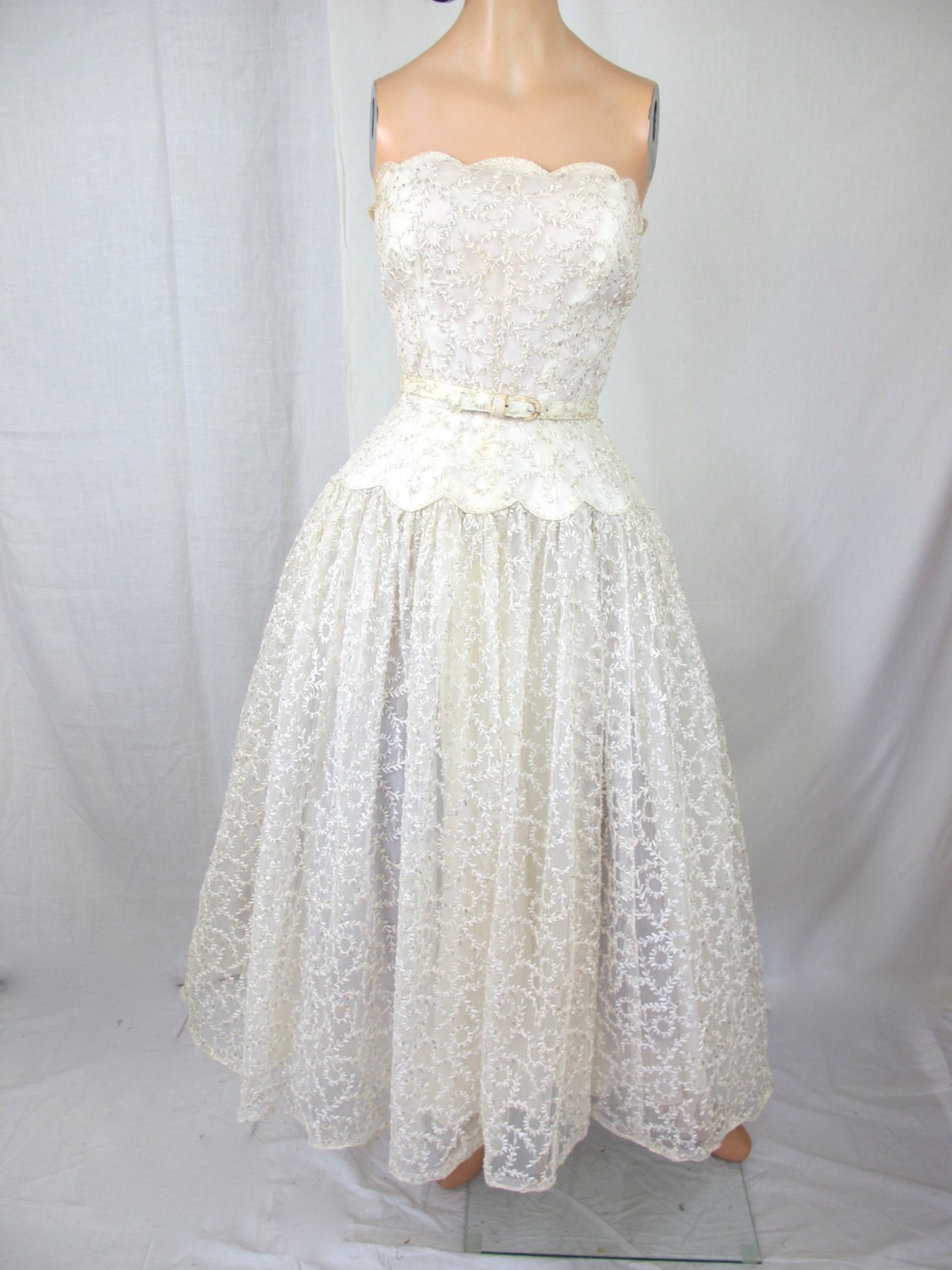 1950s White and Silver Strapless Wedding Dress Cocktail Party Dress