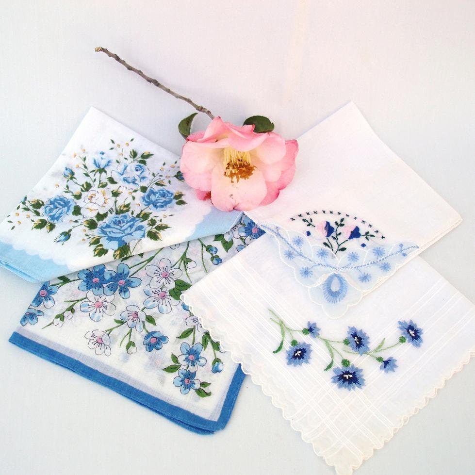 Hankies Lot, Ladies Hankies, Blue Florals