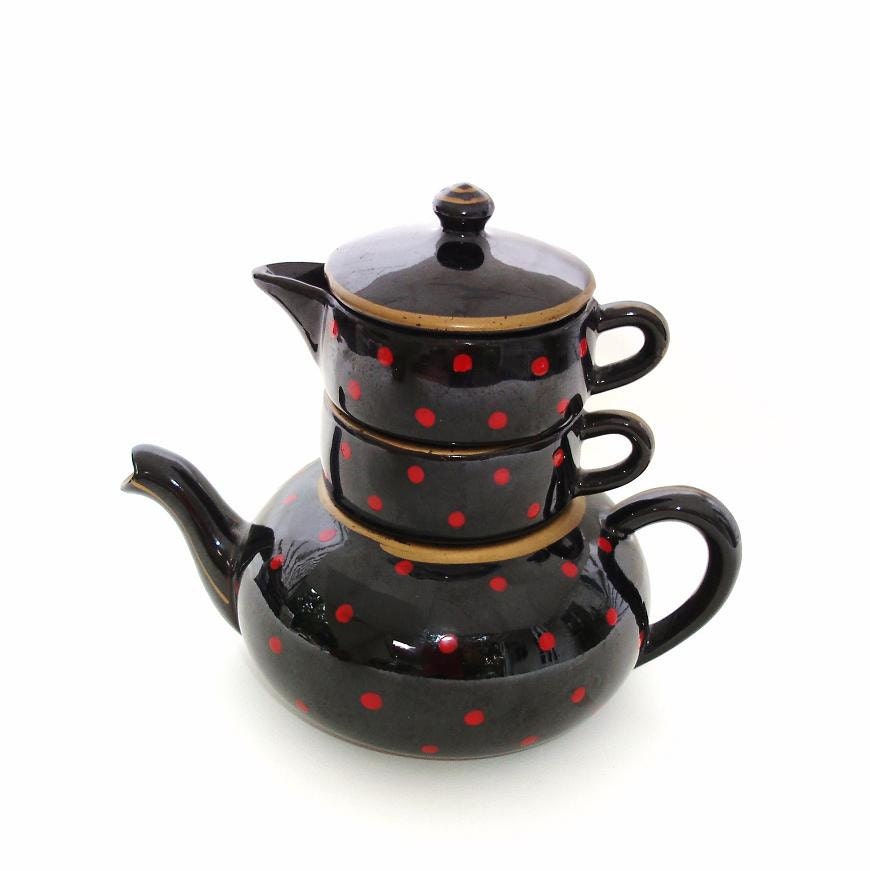 Polka Dot Teapot Japanese Tea Set Red Dot Tea Pot Creamer Sugar Bowl Brown Gold