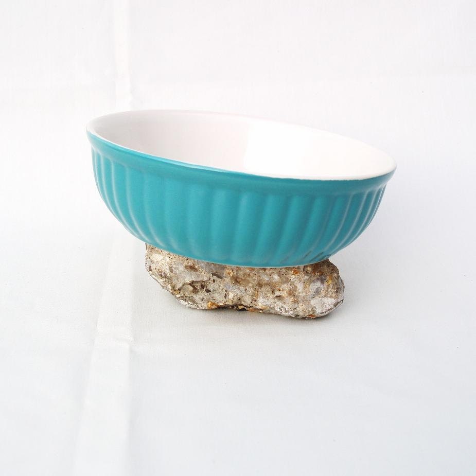 Blue Porcelain Dish Aqua Bowl Stoneware Pottery Ribbed Serving  Retro Kitchen