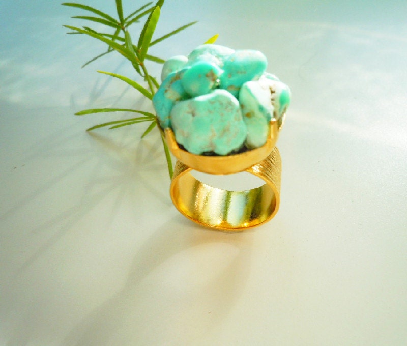 Gold Turquoise Ring - Rock Ring- Turquoise Inlay - Adjustable Band