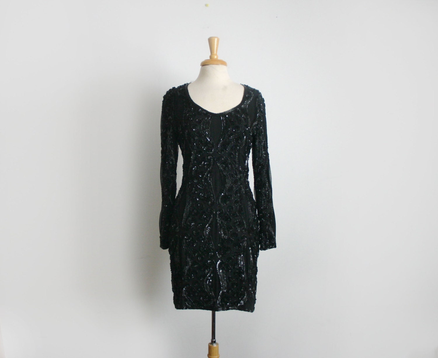 1980s black sequin embellished short evening gown, size medium