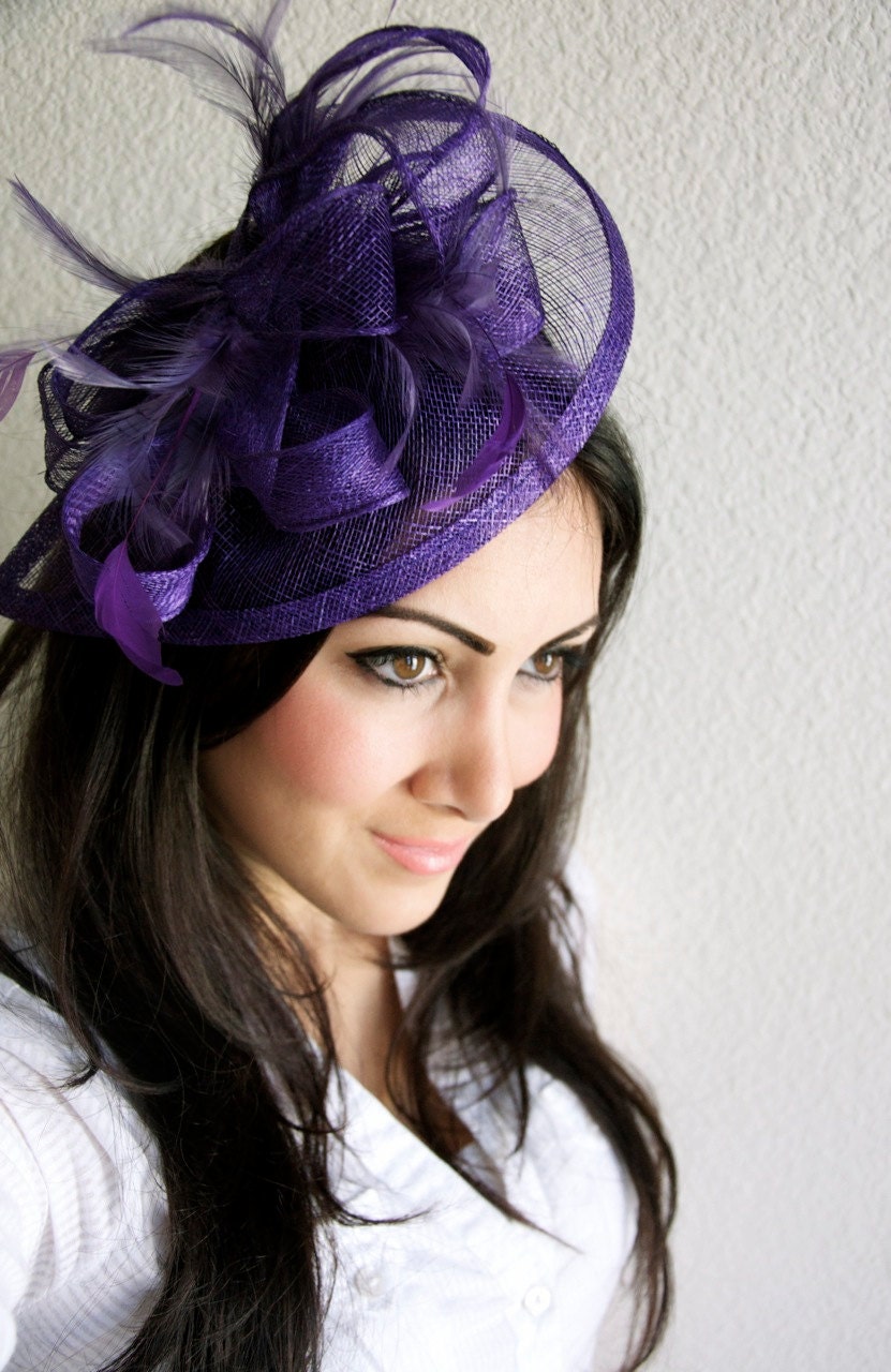Purple Fascinator - "Penny" Mesh Hat Fascinator with Mesh Ribbons and Purple Feathers