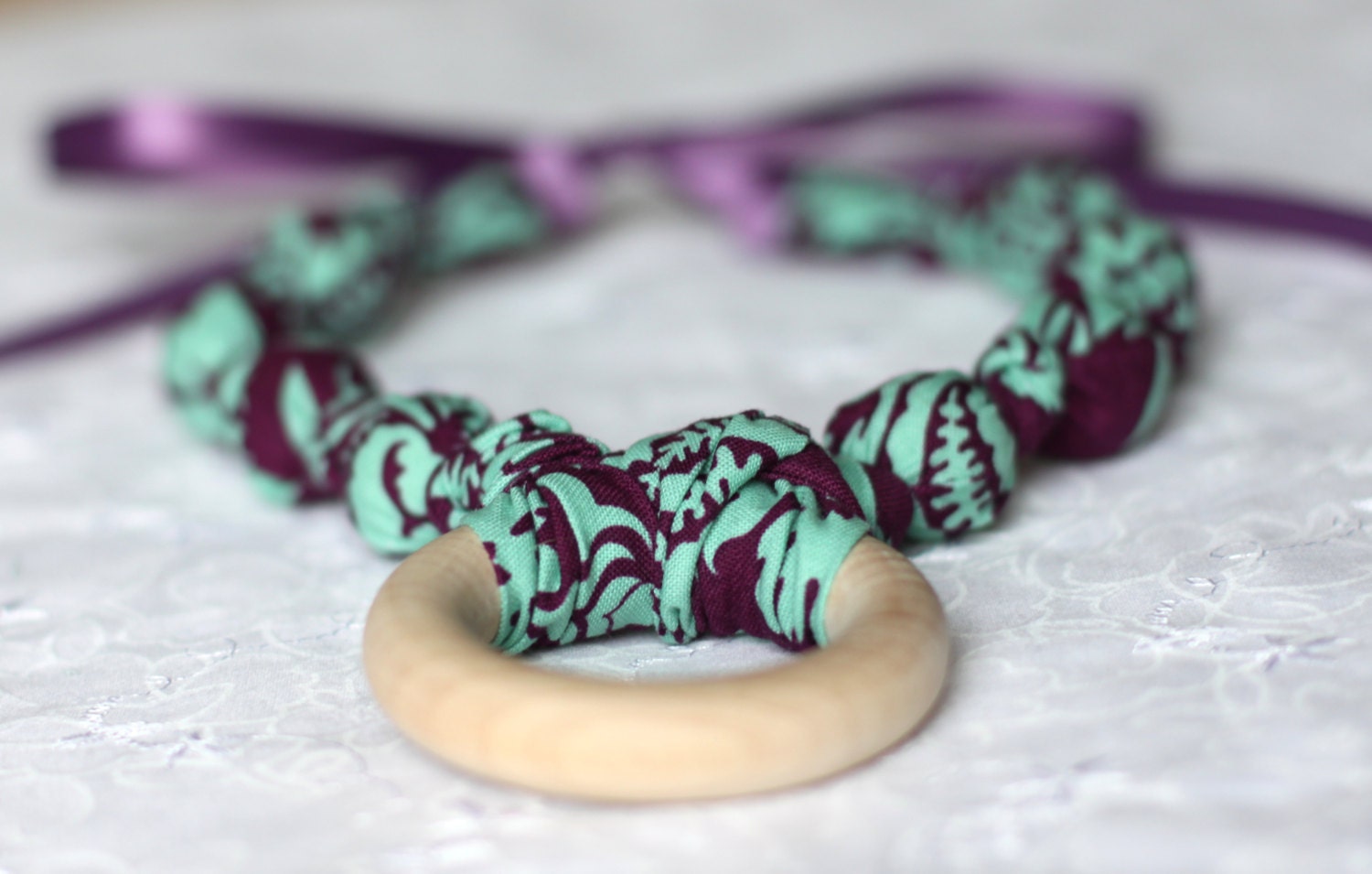 Purple & Teal Teething Ring Necklace for Breastfeeding/Nursing Necklace, Teething Necklace, Babywearing, Fabric Necklace
