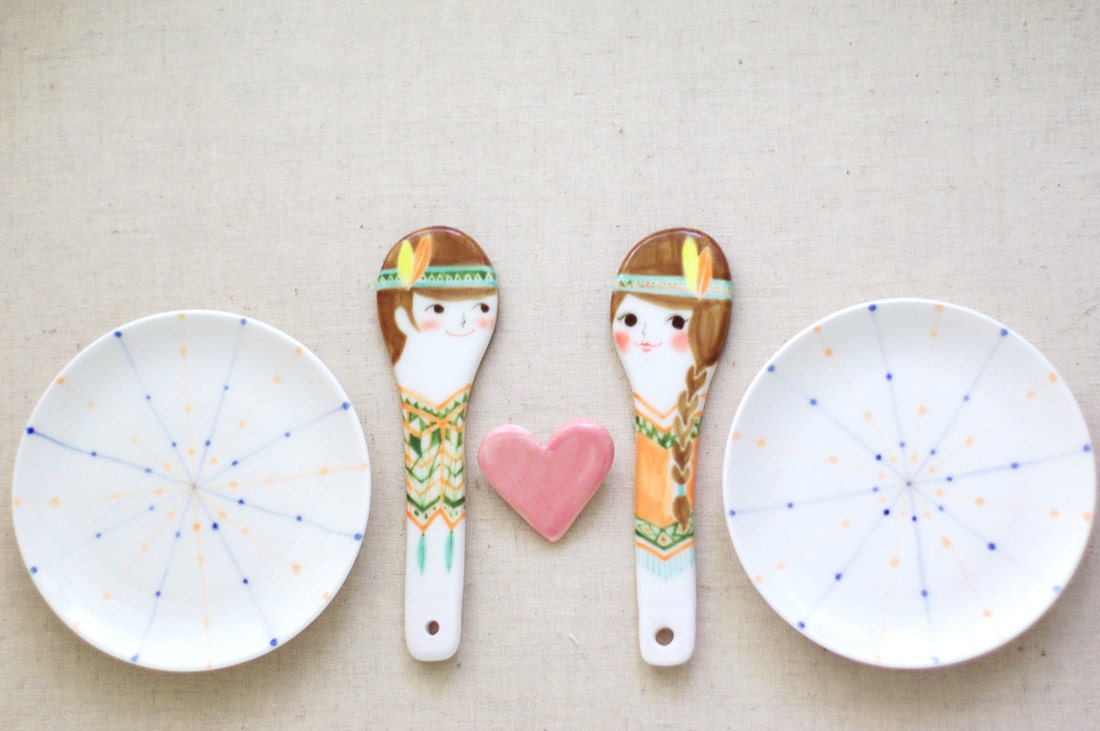 You & I Hand painted Ceramic Stirring spoon and coaster set