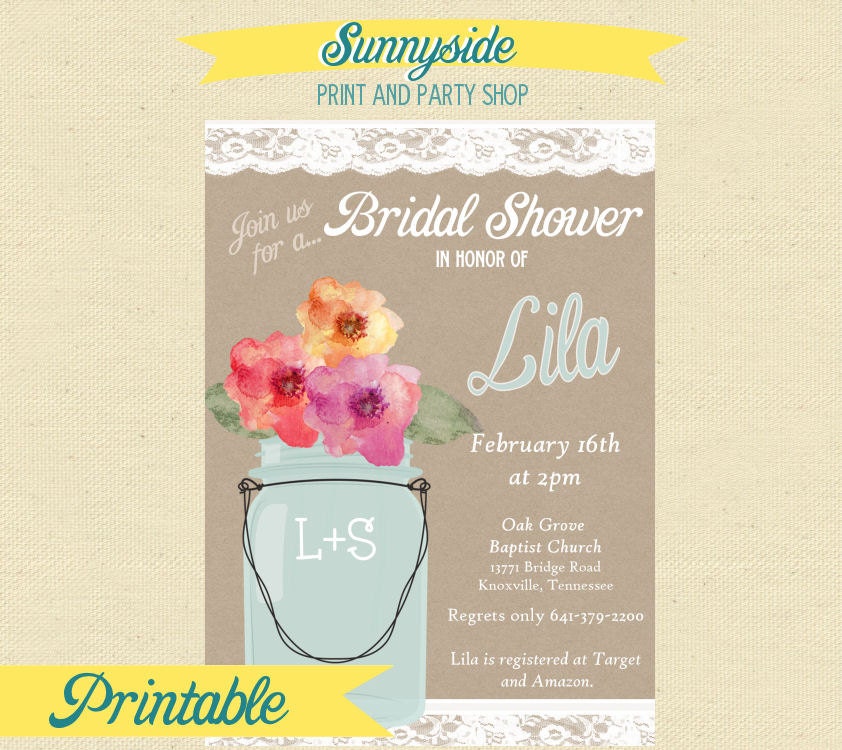Lace Mason Jar Bridal Shower Party Invite - PRINTABLE