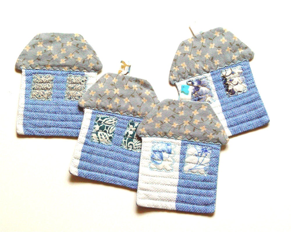 Fabric Coasters, Quilted Coasters, Textile Coaster, table coasters,  set of 4, little houses, table top