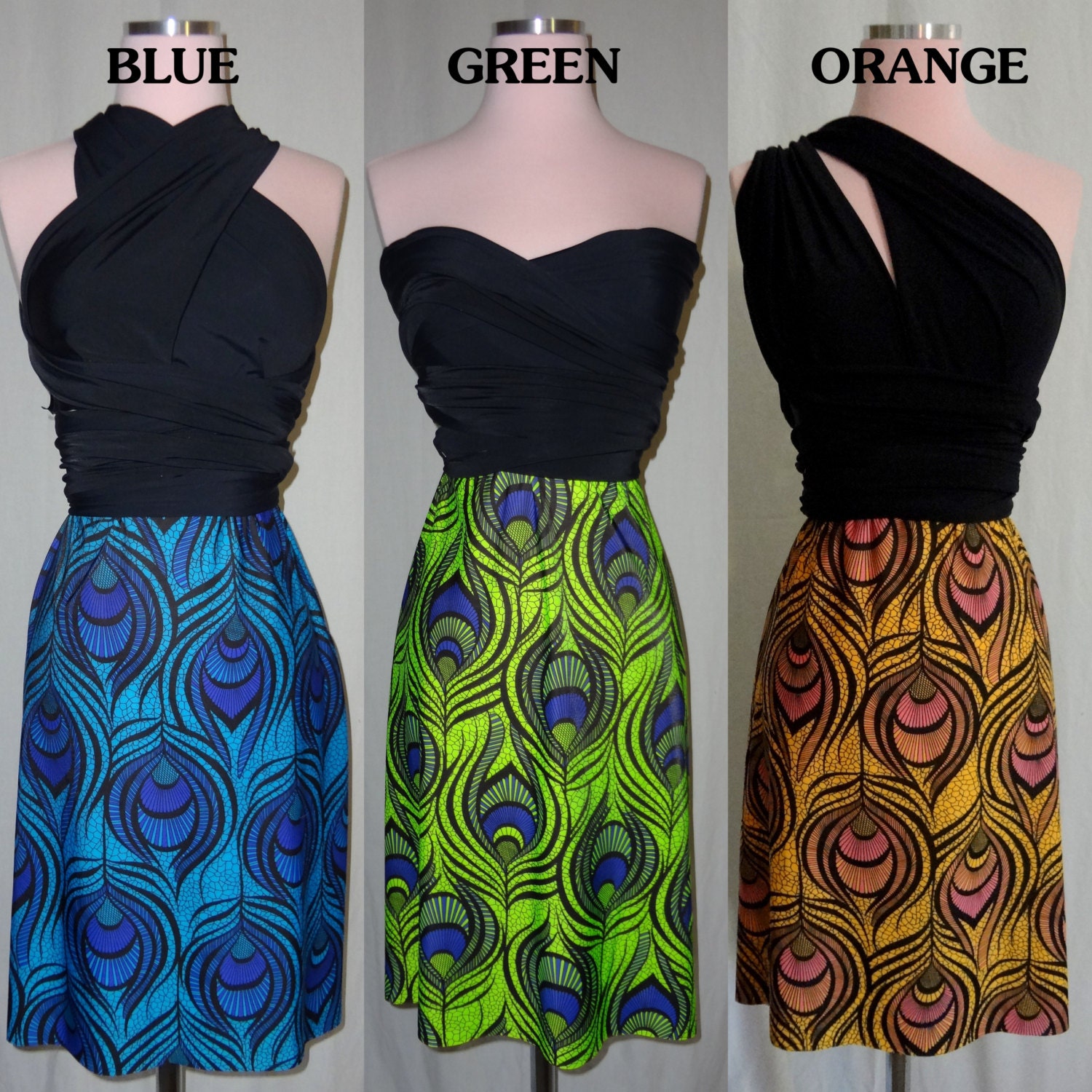 Peacock Infinity Convertible Wrap Twist Dress - Blue, Green, Orange - Bridesmaids, Prom, Date Night, Wedding, New Years Eve, Cocktail Party