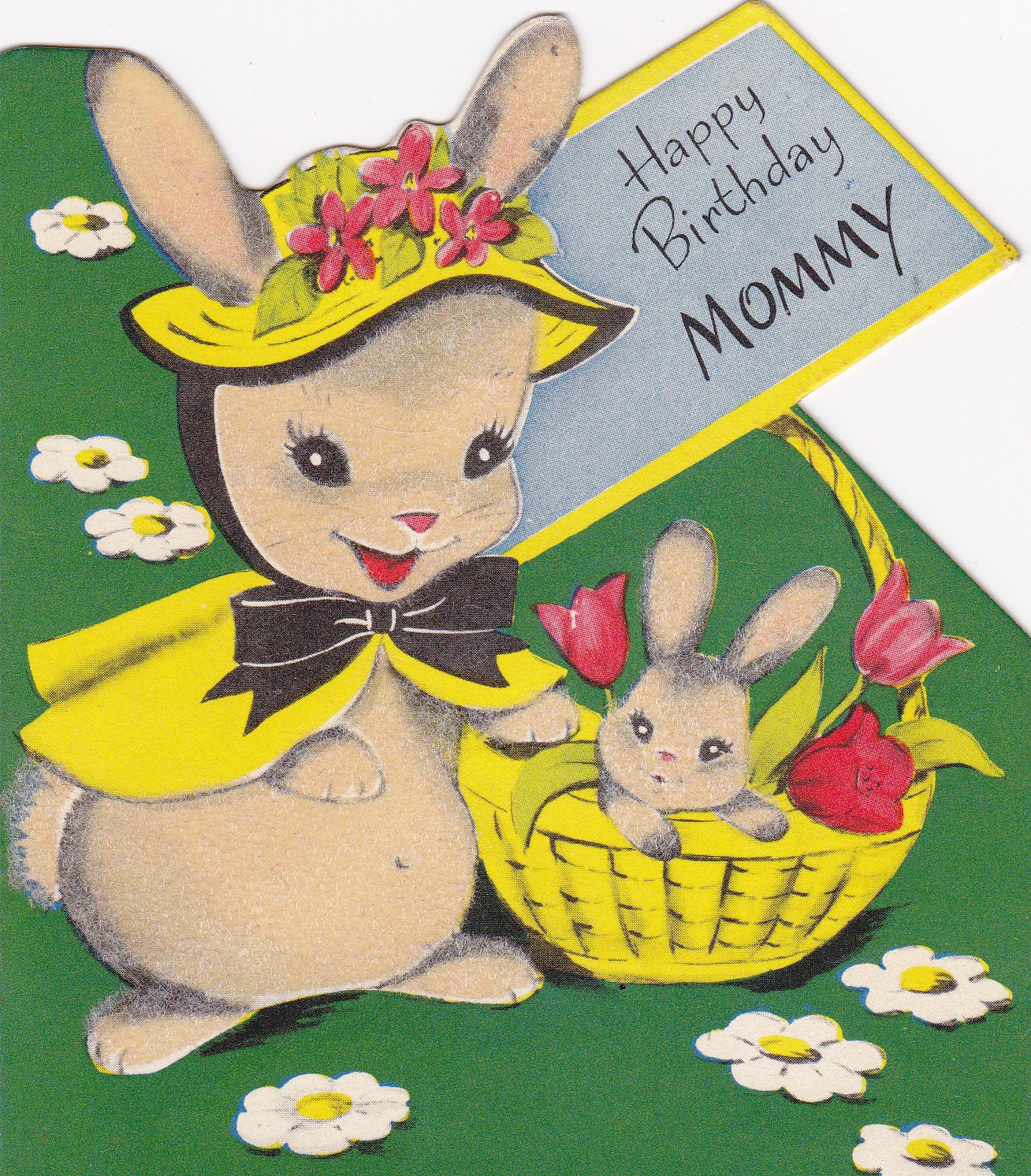 Happy Birthday Mommy- Fuzzy Rabbits- Buzza Cardozo- 1950s Vintage Greeting Card