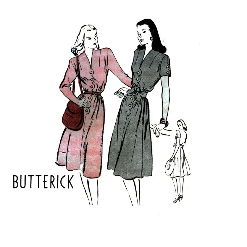 1940s Day or Evening Dress Vintage Sewing Pattern Butterick 3876 Misses Scallop Trim Shirtwaist Dress Bust 30 Womens Vintage Sewing Pattern