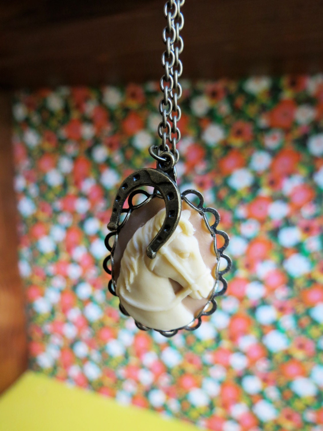A Day at the Derby. Equestrian Horse Cameo Necklace with Horseshoe Charm.
