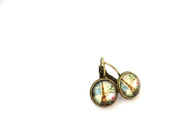 Earrings - Eiffel tower, vintage style gift for her - romantic Spring jewelry, blue pink brown dangles - Paris France, French inspired