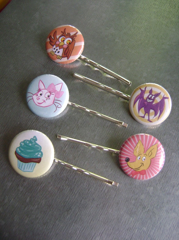 Girl Hairpins Barrettes - Cute set Owl Cat Cupcake Dog Bat - Set of 2 Kids Birthday Party Favor