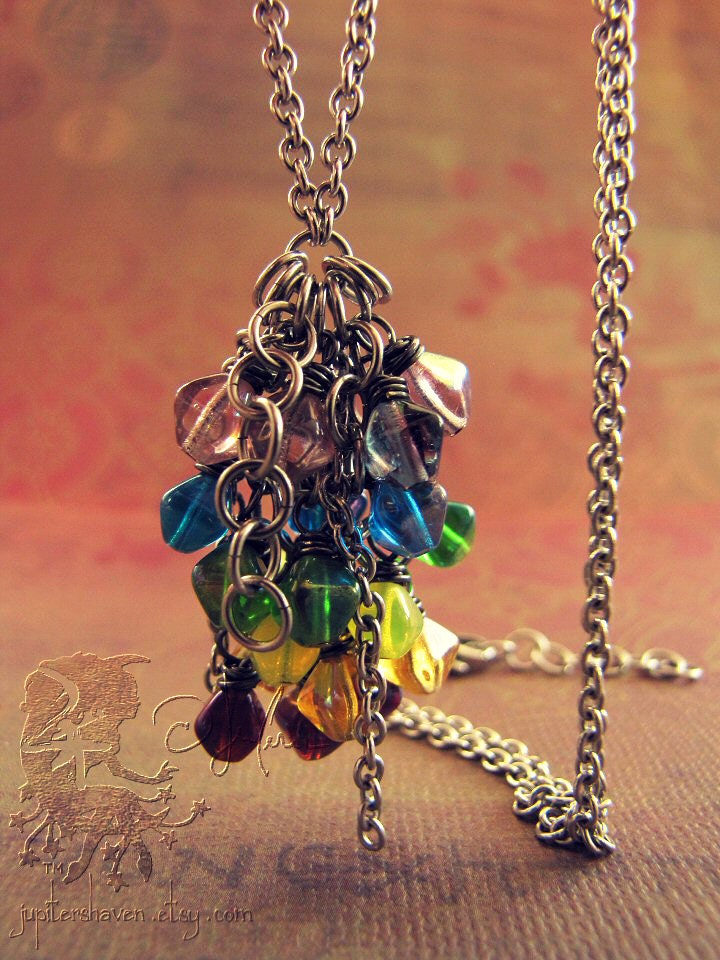 LGBT Aspie Autism Chakra Necklace - Scarlet Red Orange Yellow Emerald Green Turquoise Blue Indigo Violet Lavender - Steel Cluster