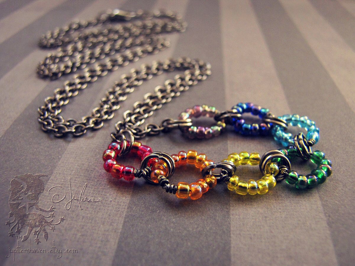 LGBT Aspie Autism Chakra Wrap Around Bracelet - Red Orange Yellow Emerald Green Blue Indigo Violet Long Necklace Boho - Gunmetal Rainbow