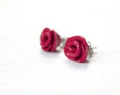 Red Rose Flower Post Earrings valentines day jewelry Rosebud Rosette Glitter Post Earrings Handmade Clay Flower