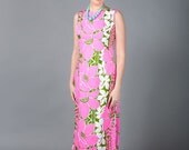 SALE Vintage Hawaiian Dress, Long Pink Floral Dress, McInerny Dress, Watteau Back
